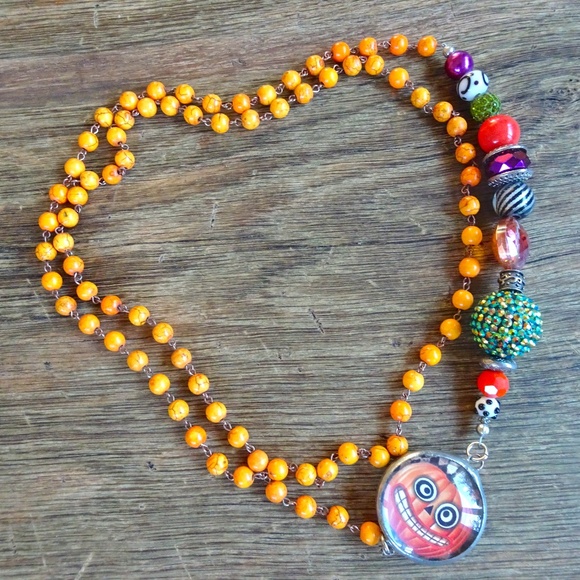 Orange Beaded Halloween Witchy Candy Corn Pumpkin Charm Long Layering Necklace - Picture 8 of 8
